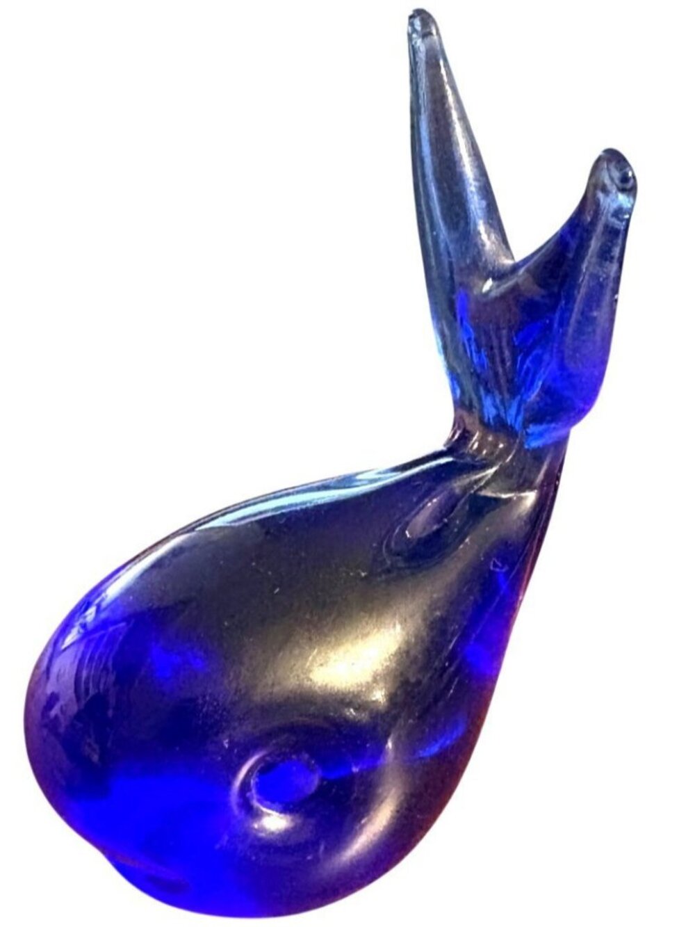 Vintage Cobalt Blue Glass Whale Figurine Paperweight Hand Blown Decorative